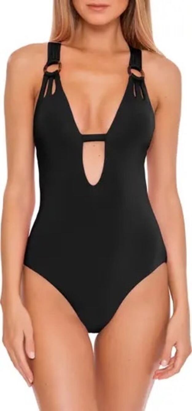 Becca Color Code Plunge Black One Piece Strappy Tie Back Swimsuit Size Small